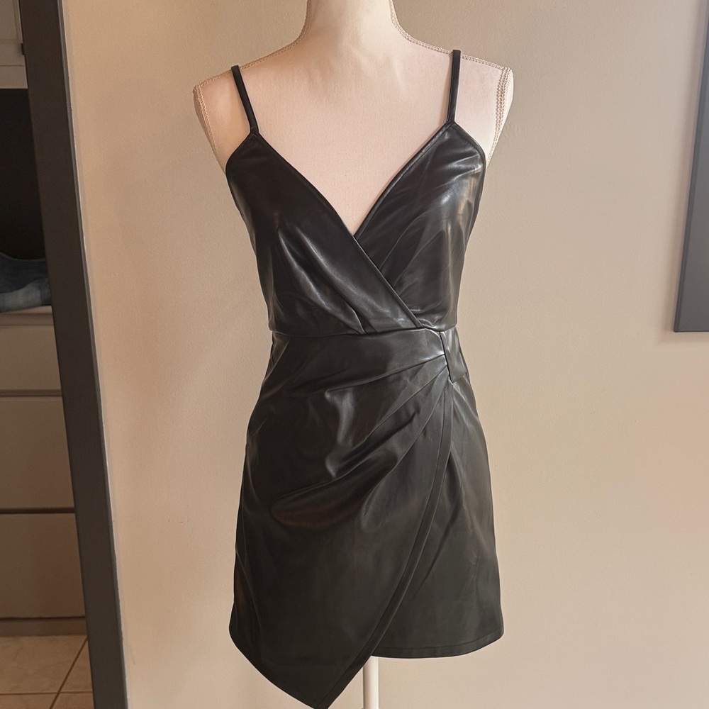 Blue Blush Black Faux Leather Wrap Dress